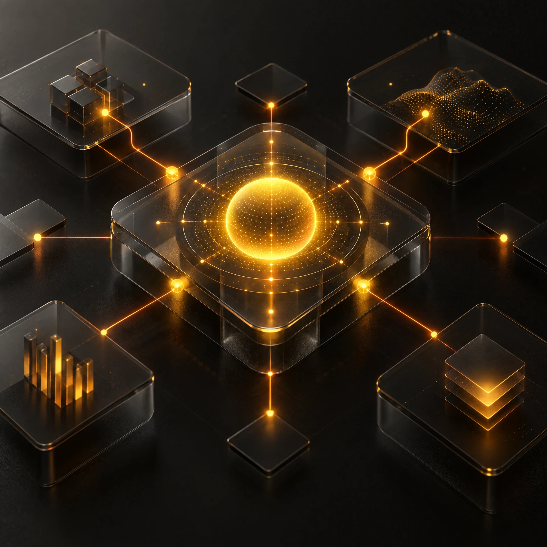 Composição editorial abstrata representando tecnologia e inteligência artificial